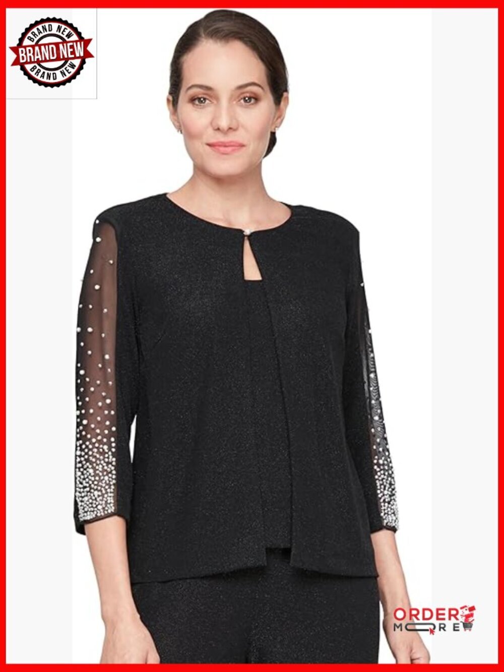 3/4 Sleeve Mock Twinset Blouse, Illusion Bell Sleeves, Hook Neck Closure,
